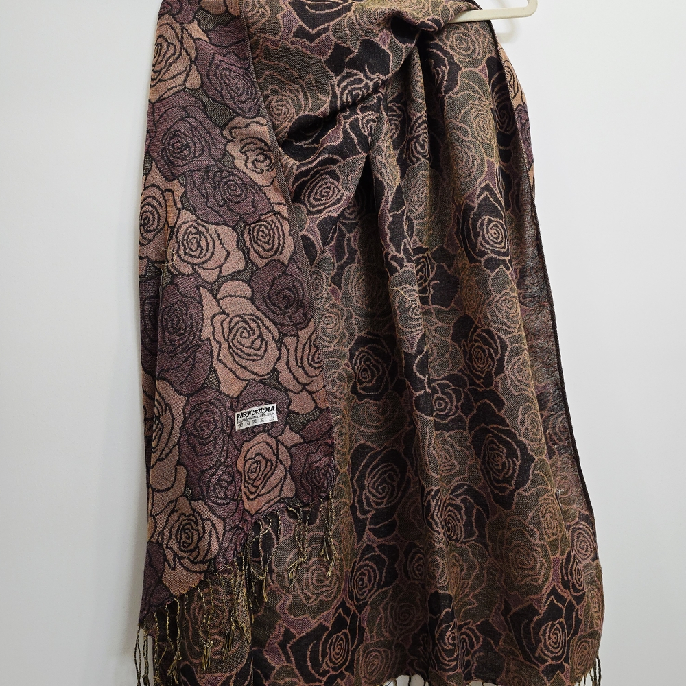 Reversible Silk & Pashmina Jacquard Shawl Rose Pattern